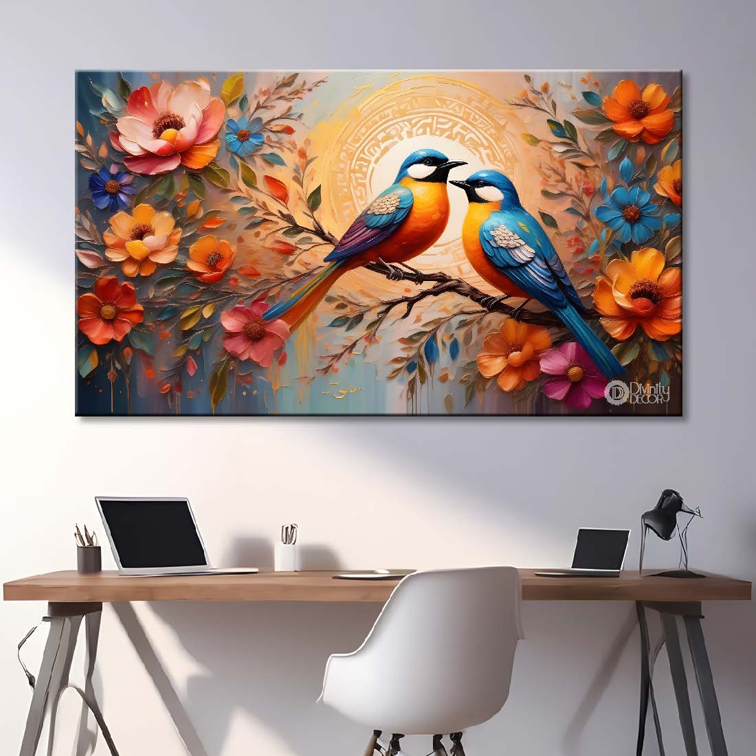 Birds on the branch with colorful flowers in light background art - Design - Animal - 161