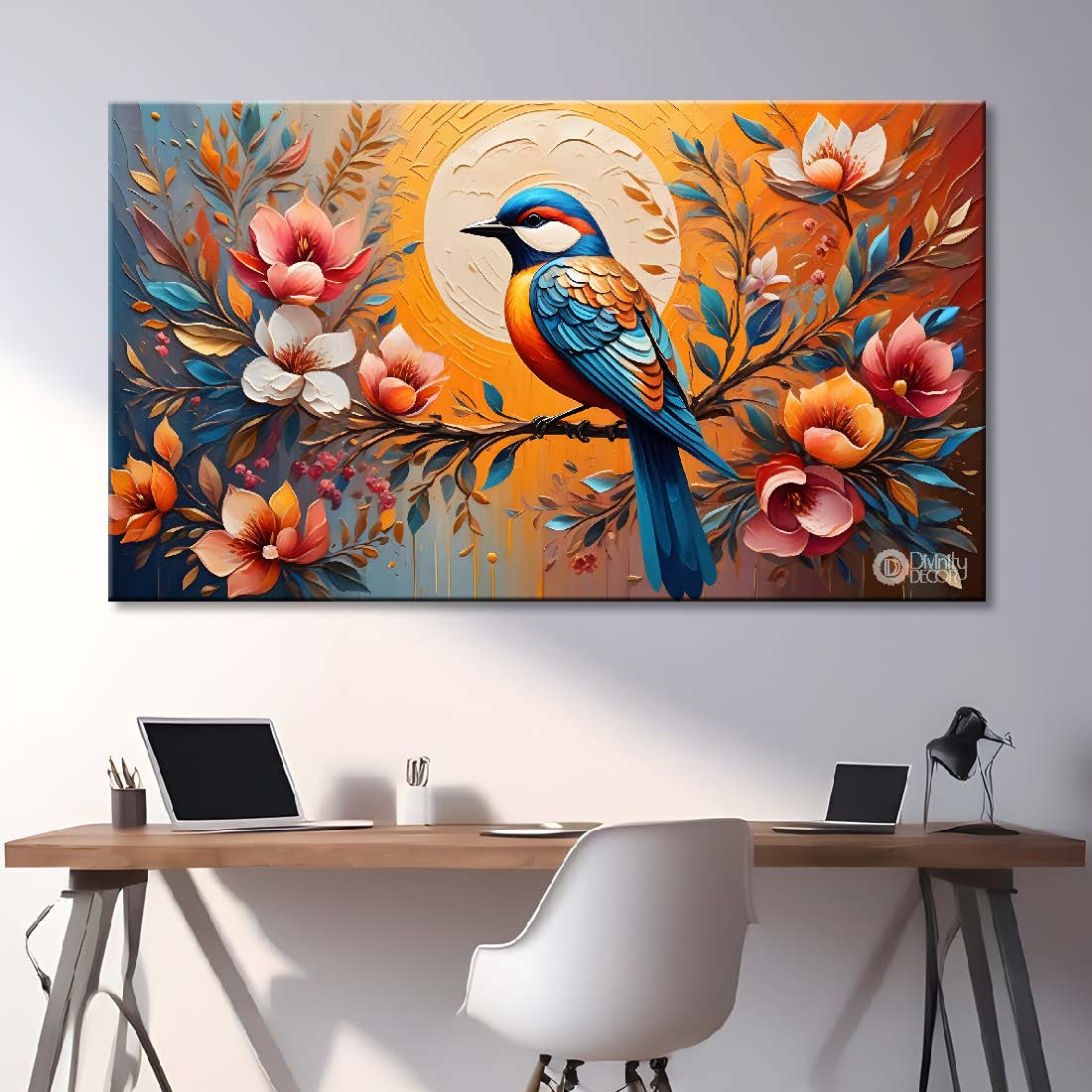 Bird on the branch with colorful flowers in light background art - Design - Animal - 162