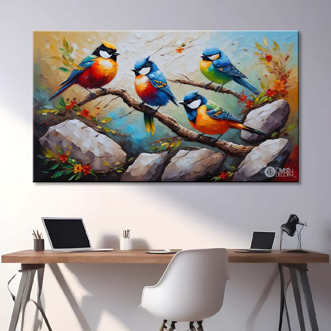 Birds on the branch and rocks in grey background art - Design - Animal - 163