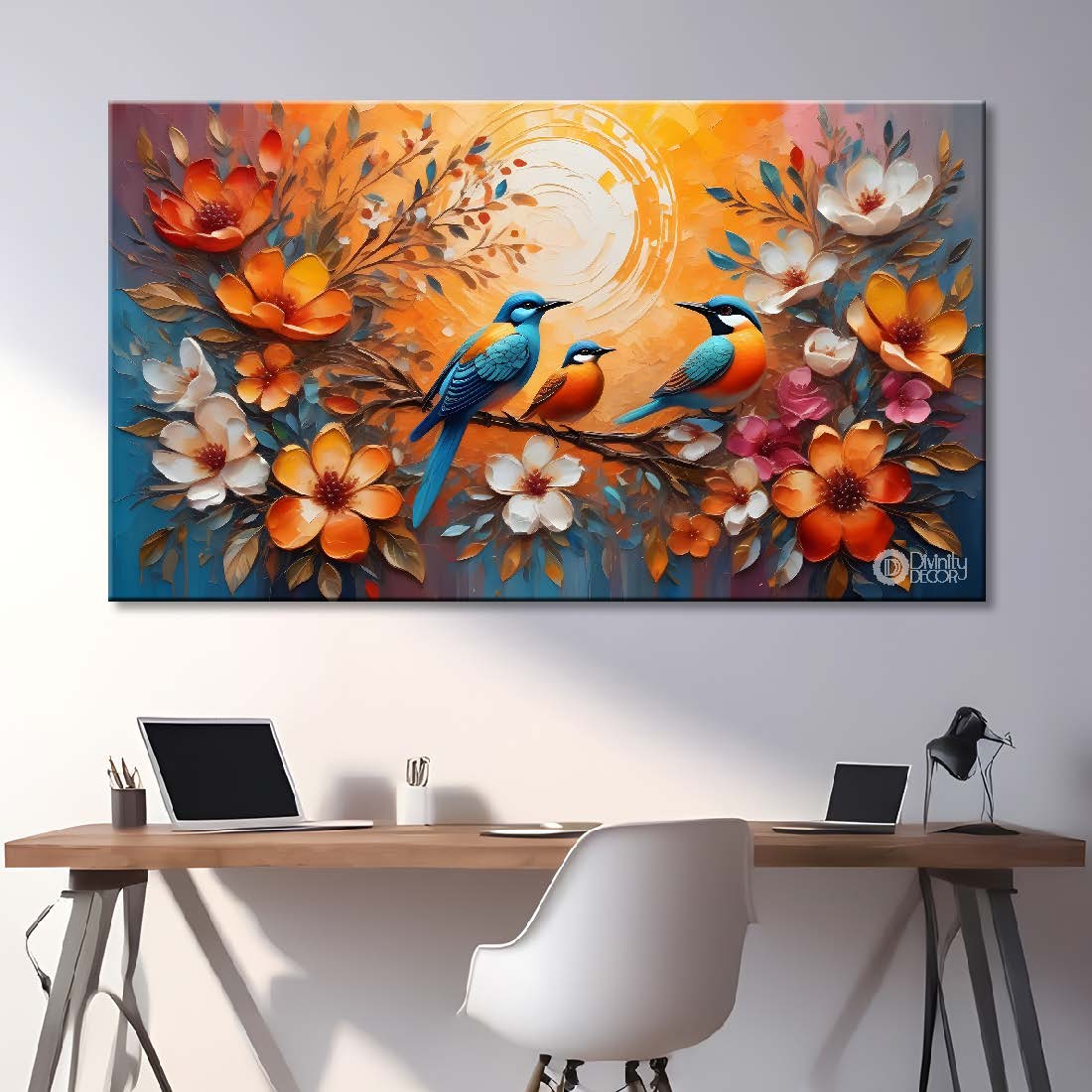 Birds on the branch with colorful flowers in light background art - Design - Animal - 164