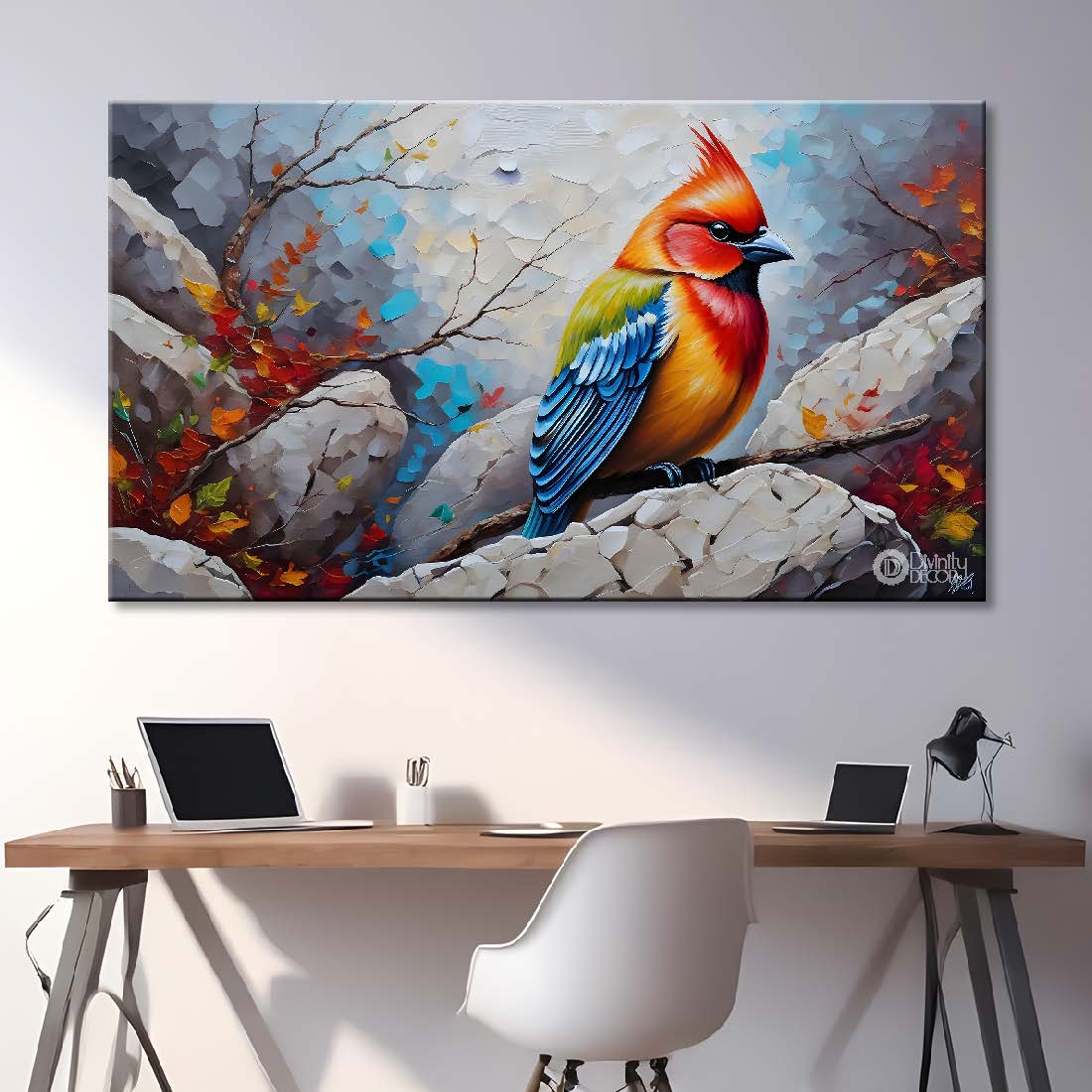 Colorful bird on the rocks with grey background textured art. - Design - Animal - 165