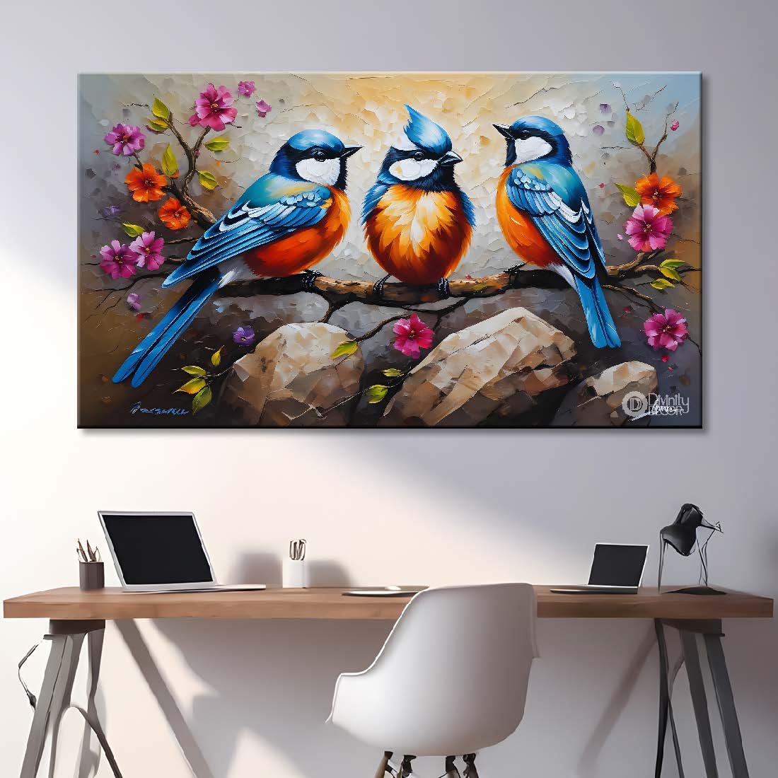 Three birds on the branch with flowers and grey textured background art. - Design - Animal - 166