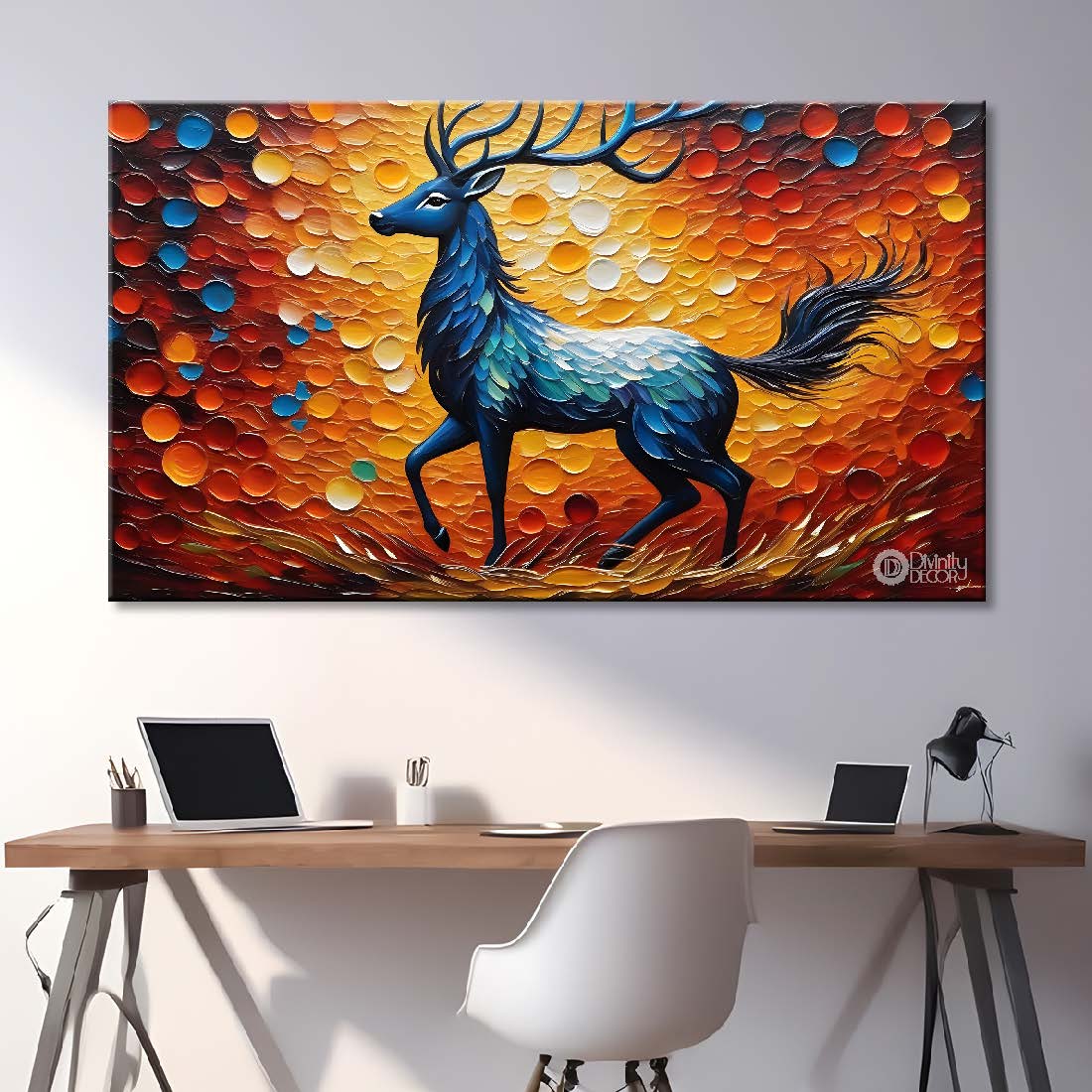 Blue deer with brown background textured art.- Design - Animal -167