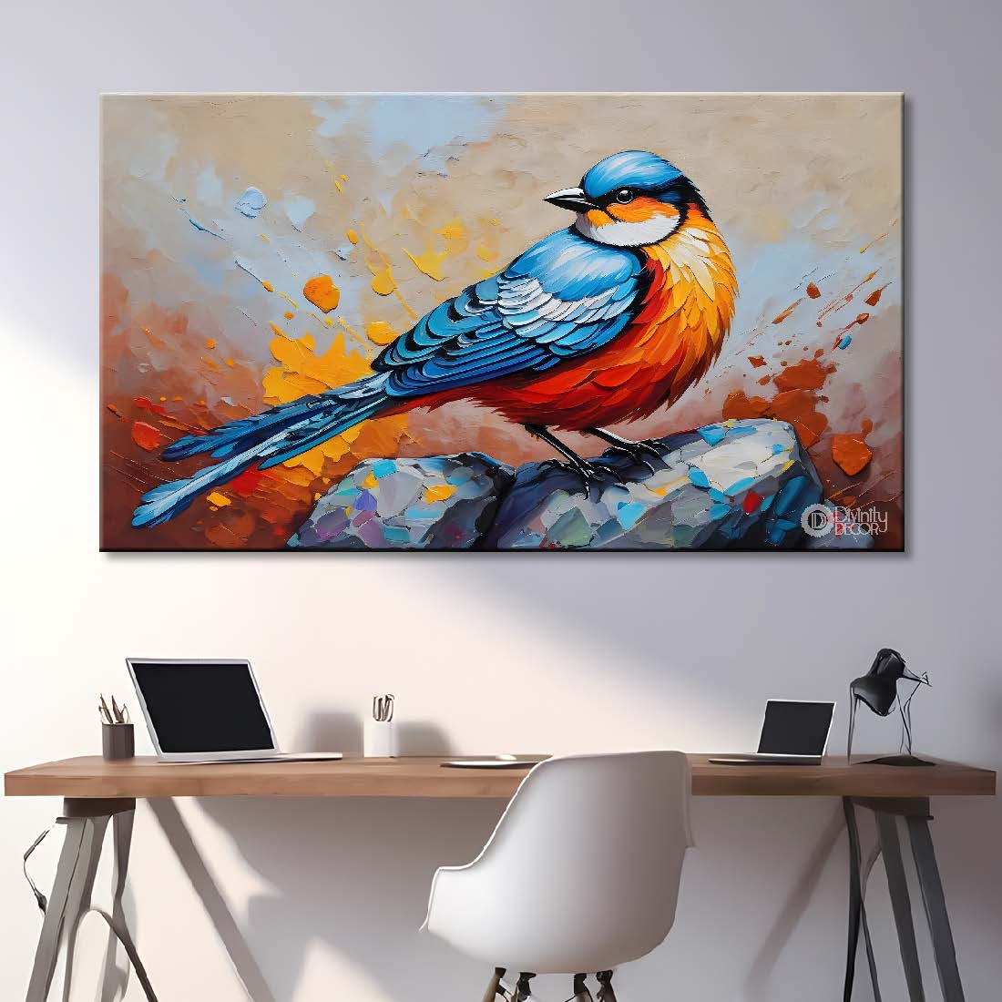 Colorful bird on the rocks with grey background textured art. - Design - Animal - 168