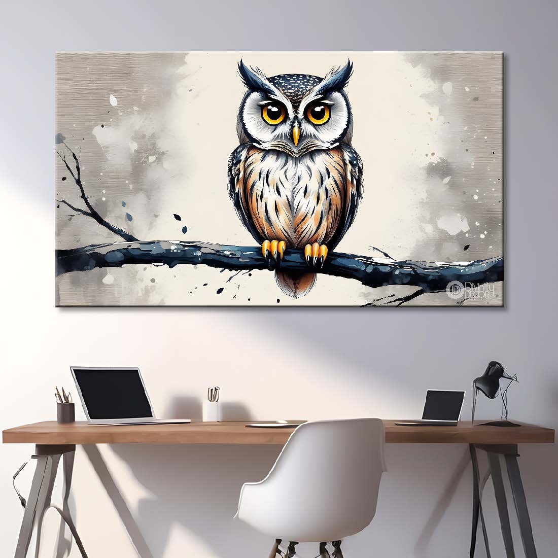 Owl on the branch with grey background textured art. - Design - Animal - 169