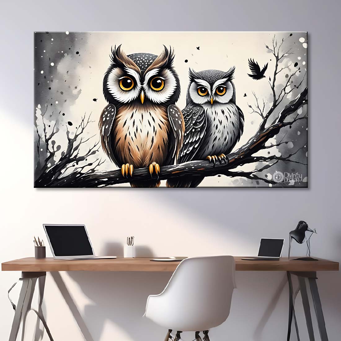 Two owls on the branch with grey background textured art. - Design - Animal - 170