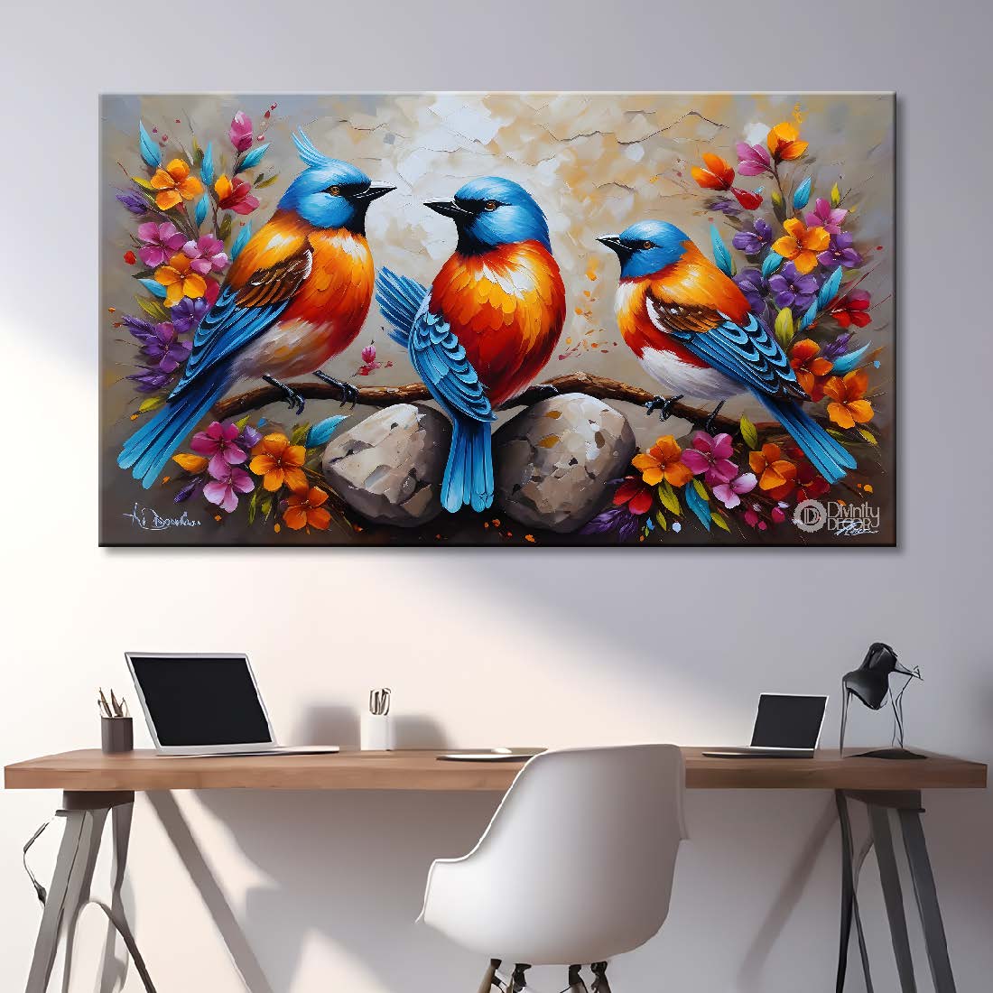 Two birds on the branch with colorful flowers in grey textured background art. - Design - Animal - 171