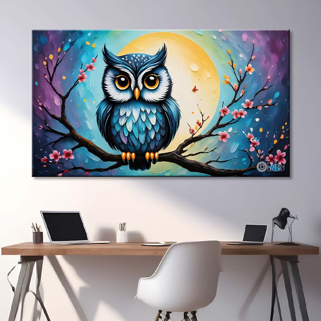 Blue owl on the branch with pink flowers in blue textured background art. - Design - Animal - 172