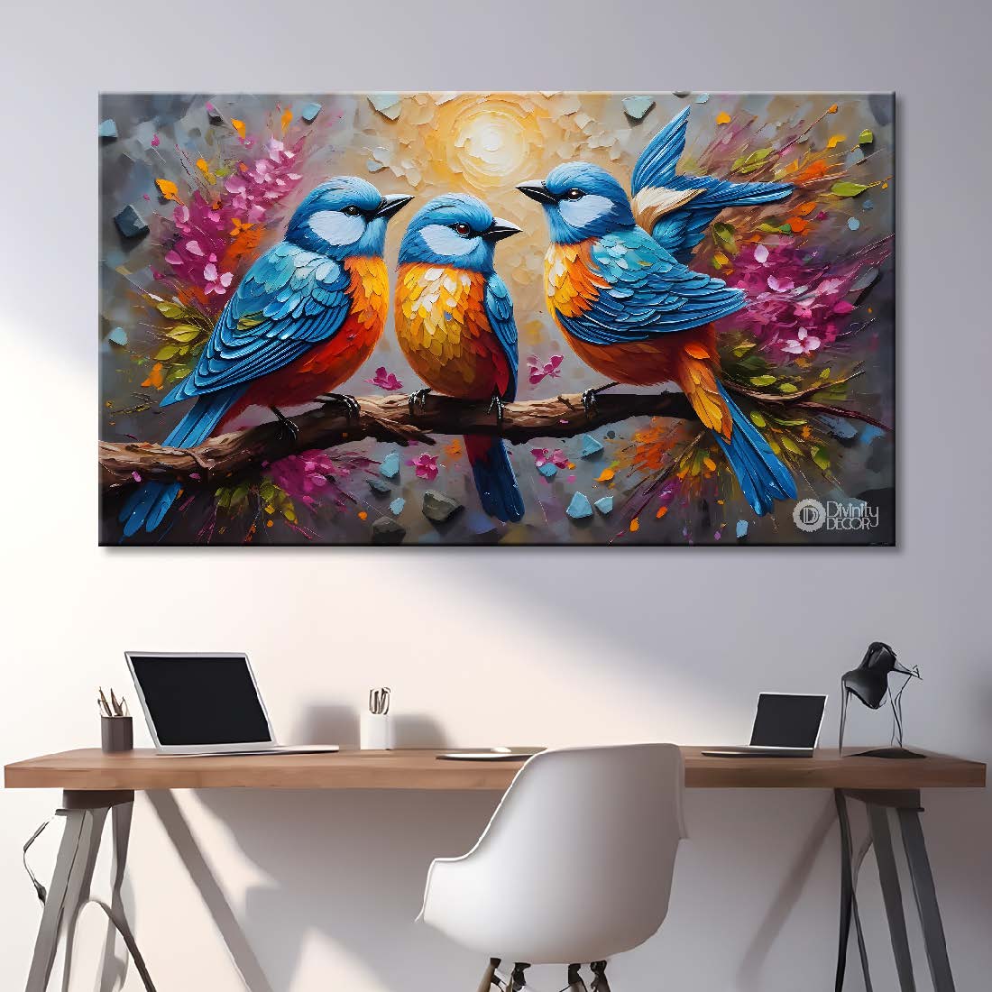 Three birds on the branch with flowers and grey textured background art. - Design - Animal - 173