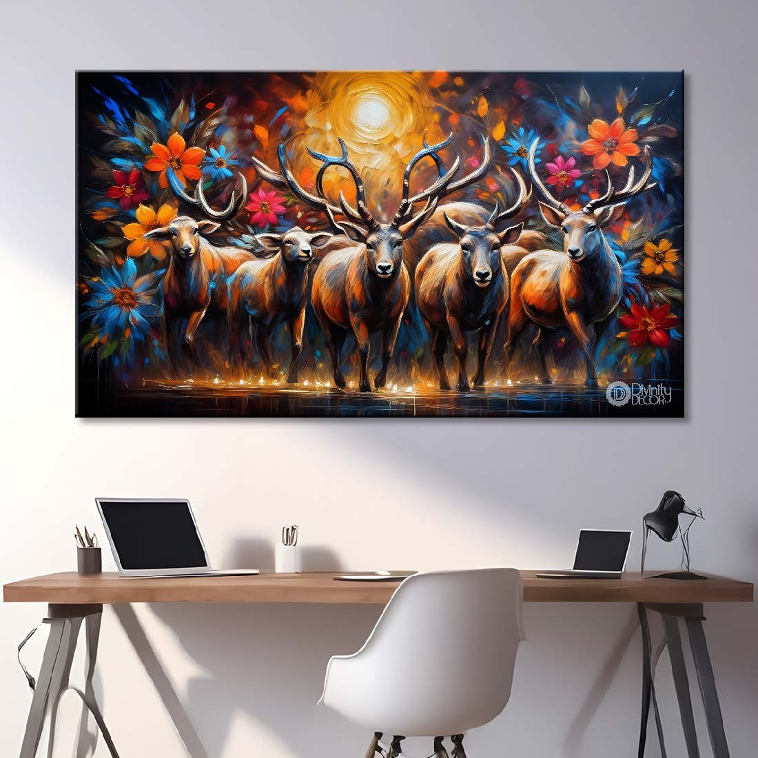 Brown deer with colorful flowers in dark textured background art.- Design - Animal -175