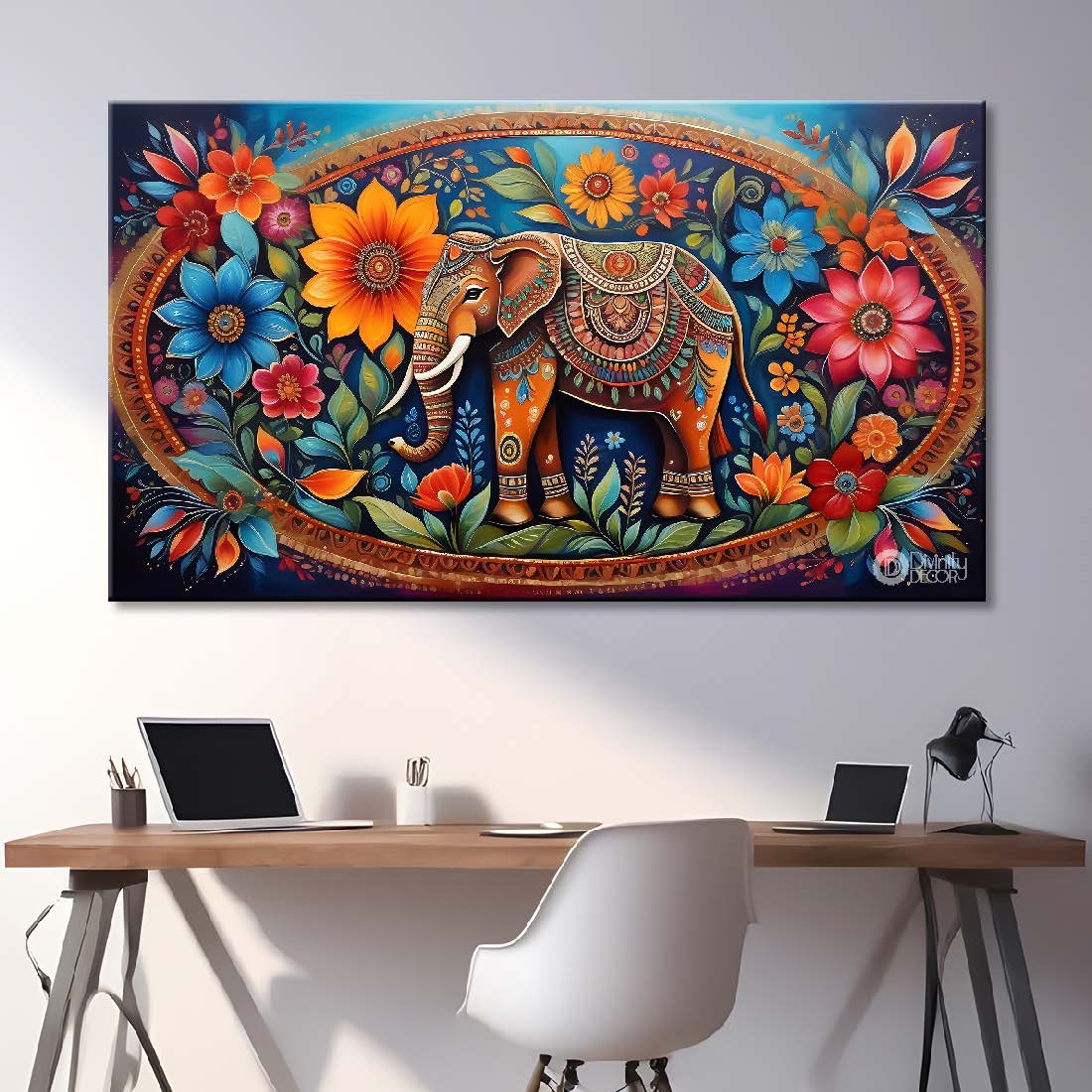 Elephant with colorful flowers in textured background art. - Design - Animal - 177