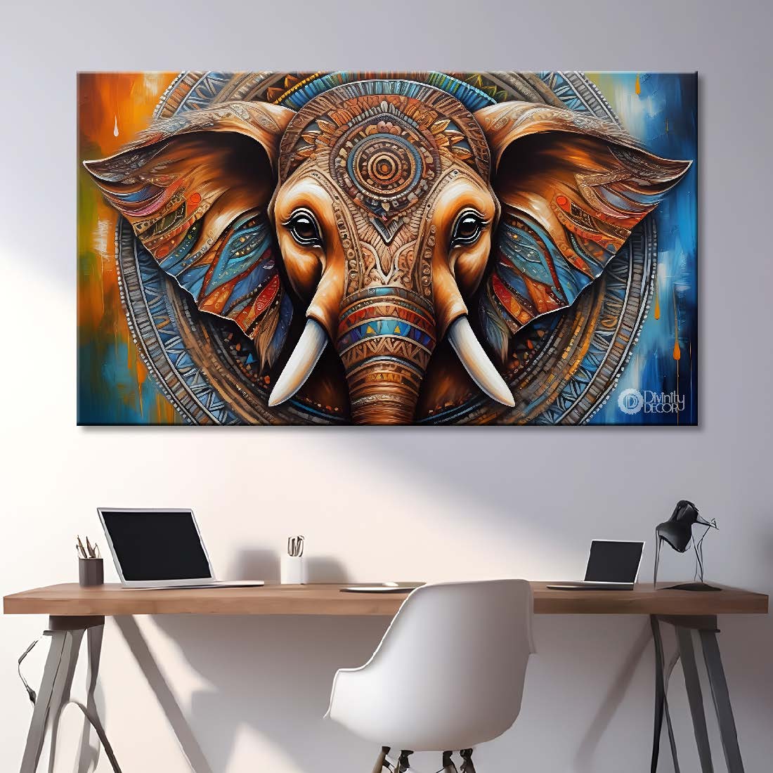 Elephant in brown and blue textured background art. - Design - Animal - 180
