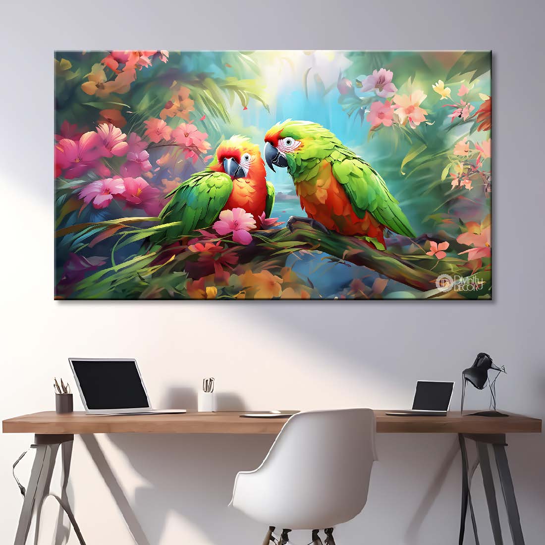 Green parrots on the branch with pink flowers in green background textured art. - Design - Animal - 181