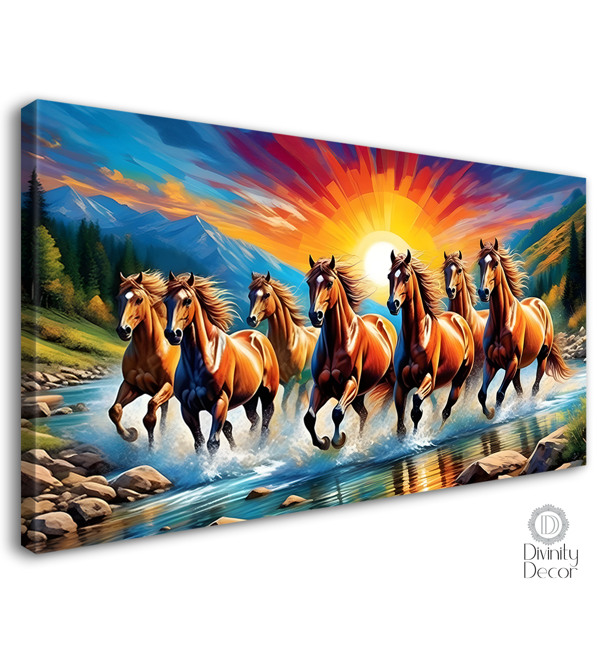 Seven brown horses running with sunrise textured background art Canvas Painting - Design - Horse-1