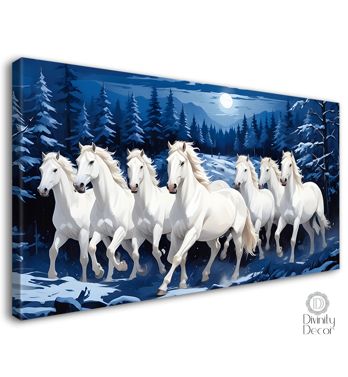 White horses running with moon and trees in blue textured background art Canvas Painting - Design - Horse-10