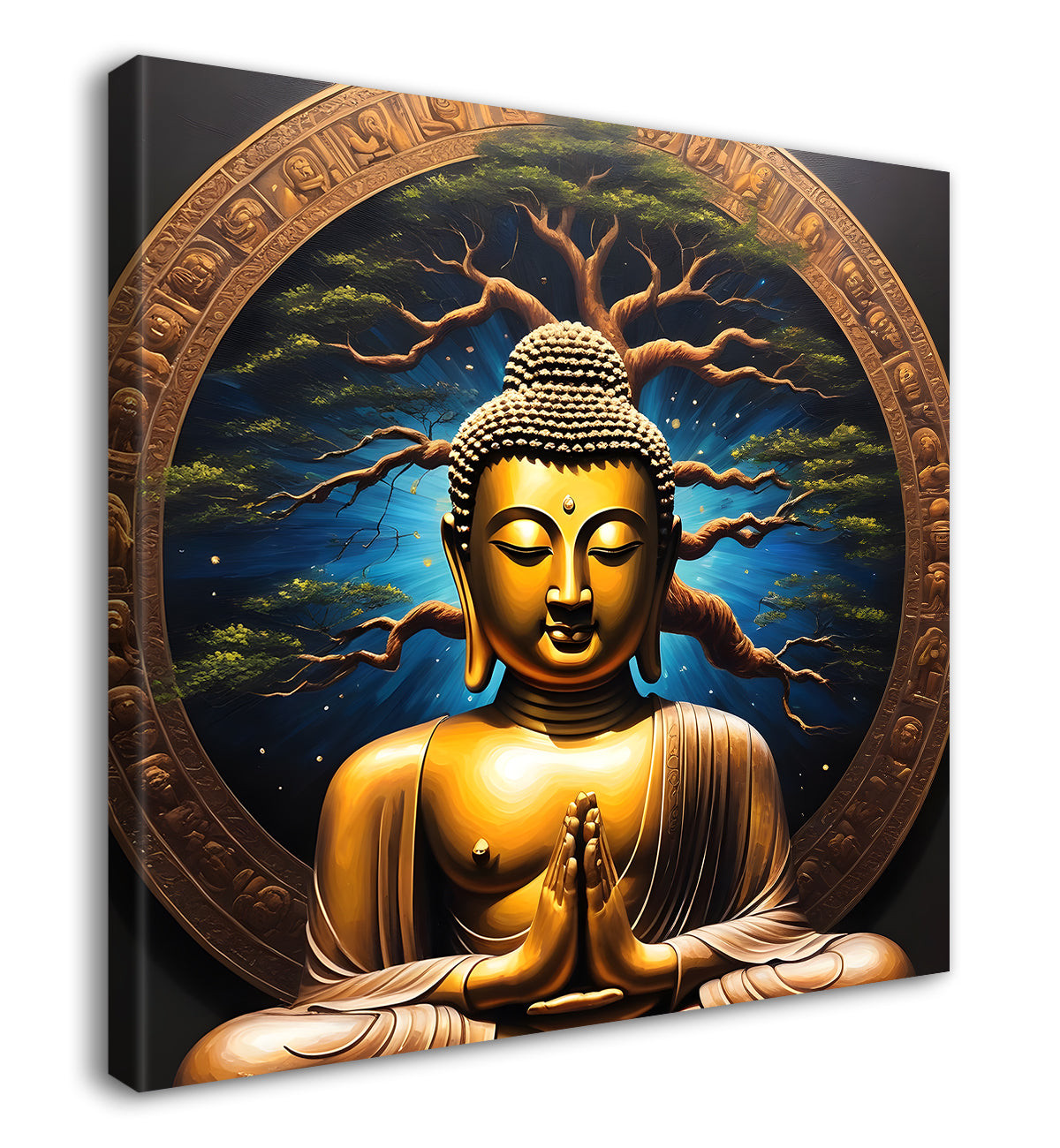 Golden Buddha Painting with Blue background with tree 24x24 inch Buddha-S-100