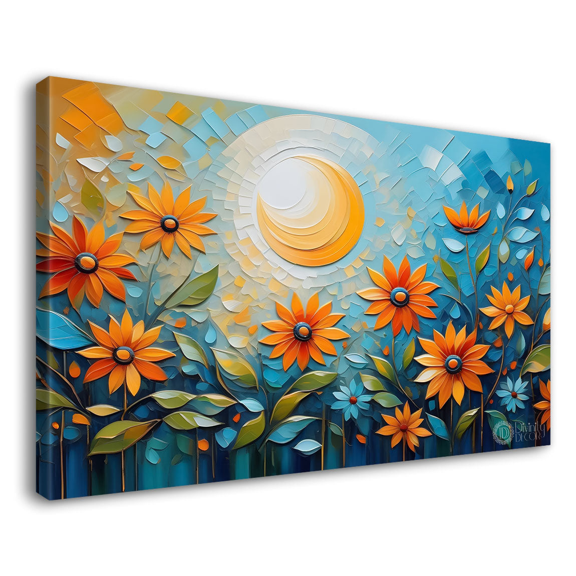 Colorful flowers with blue textured background painting- Design - Flower-100