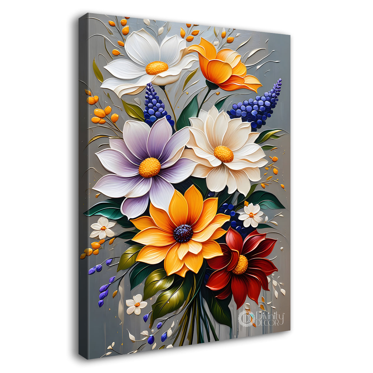 Colourful flowers in grey textured background painting - Flower-V-100