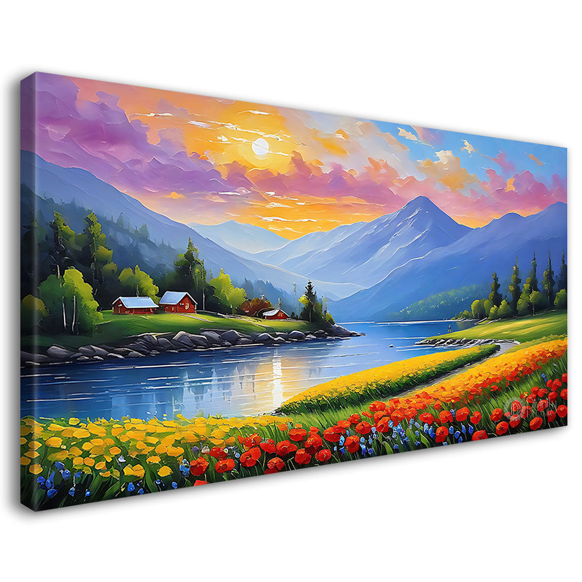 Mountains with river and flowers with sunset view textured painting Canvas Painting - Nature Art -100