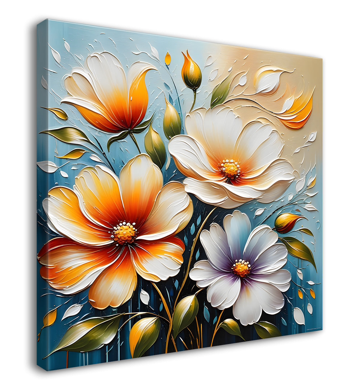 Peach flowers in blue background textured painting - Flower-S-100