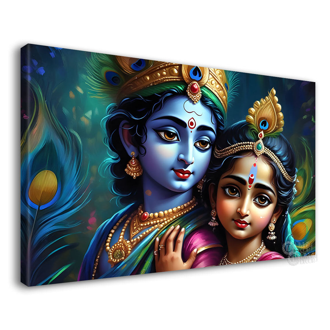 Little Krishna and Radha with peacock feathers painting Canvas Painting - Design - Krishna-101