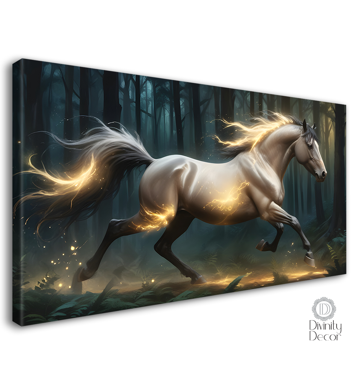 Grey running horse with yellow detailing and trees in textured background art Canvas Painting - Design - Horse-101