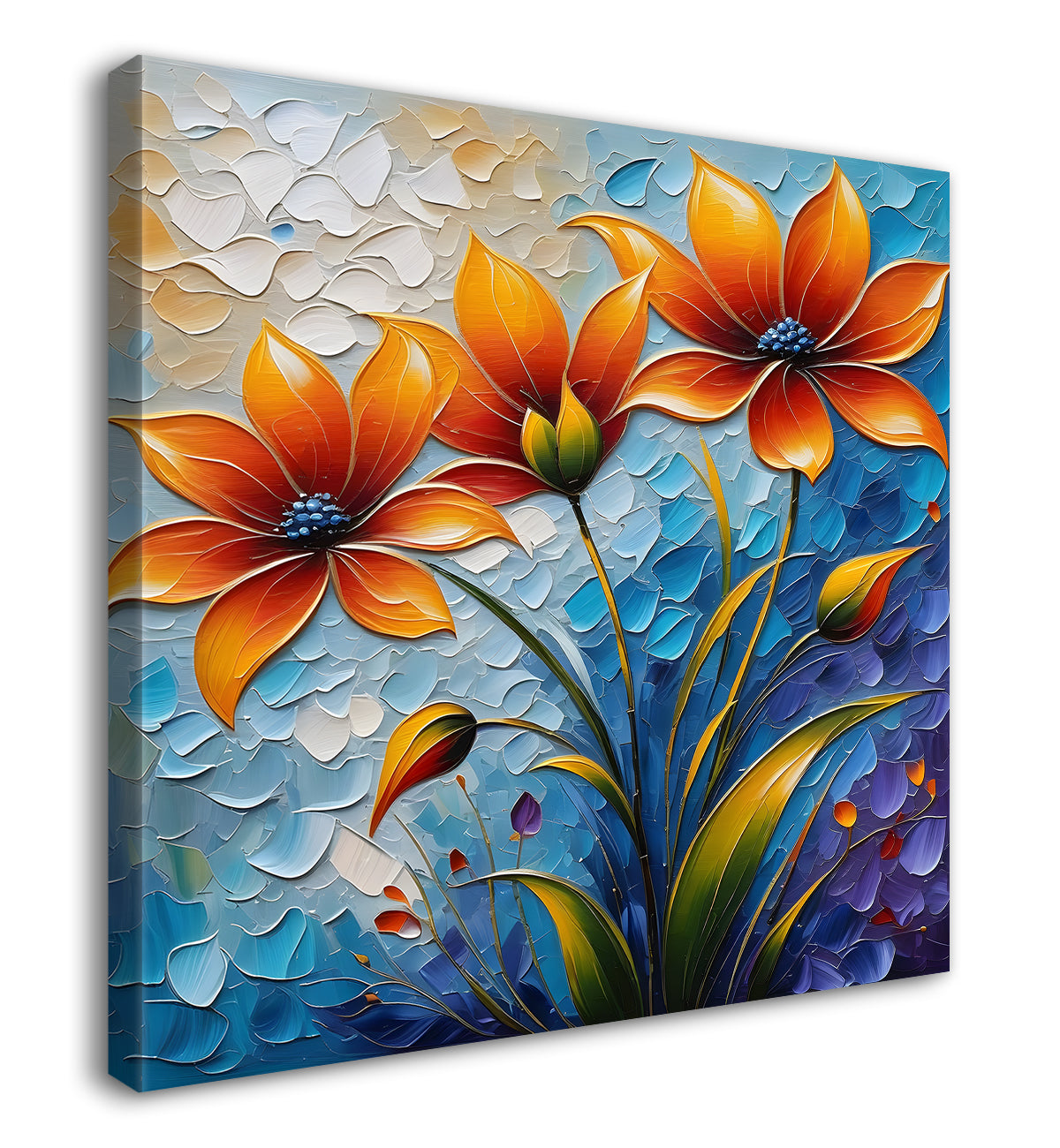 Orange flowers in blue background textured painting - Flower-S-101