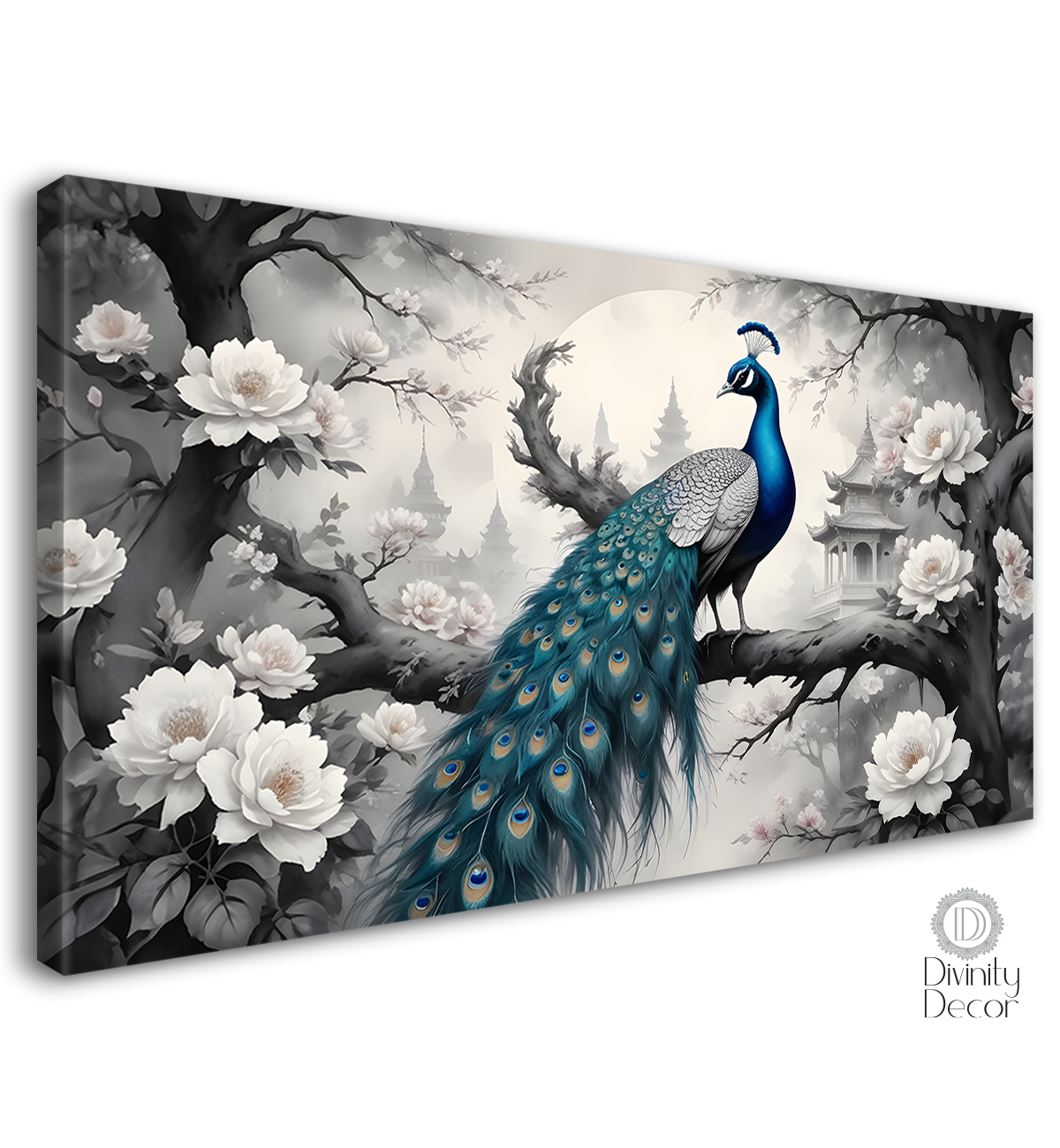 Peacock sitting on the branch with white flowers in fog background textured art. - Design - Animal -101