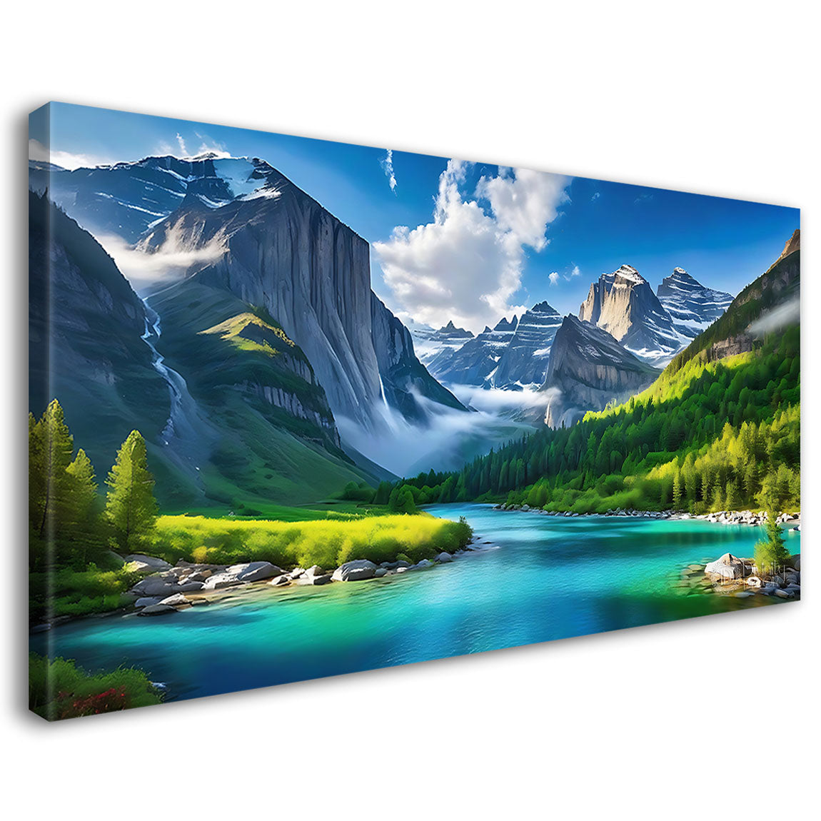 Mountains with river and cloudy sky in textured painting Canvas Painting - Nature Art -101