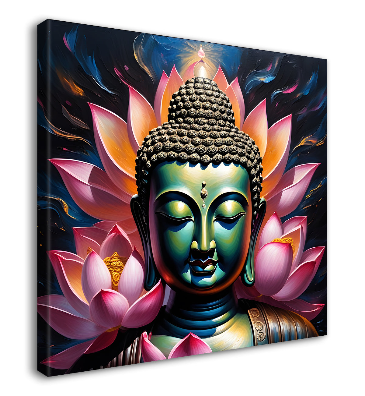 Green Buddha face painting with lotus flower 24x24 inch Buddha-S-101
