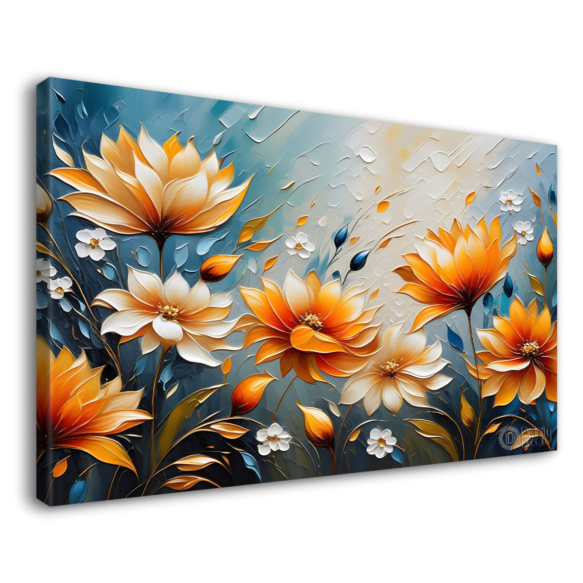 Colorful flowers with blue textured background painting- Design - Flower-101