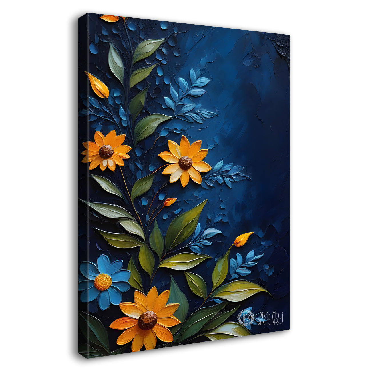 Yellow flowers in navy blue textured background painting- Flower-V-101