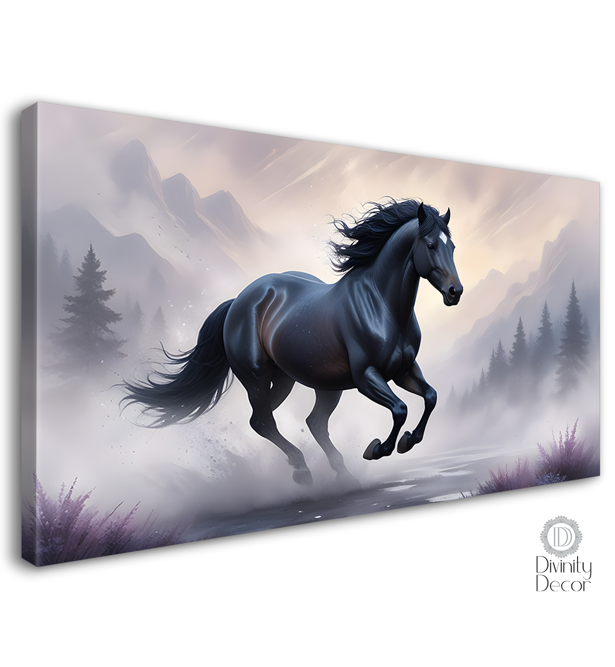 Black running horse with mountains and trees in white textured background art Canvas Painting - Design - Horse-102