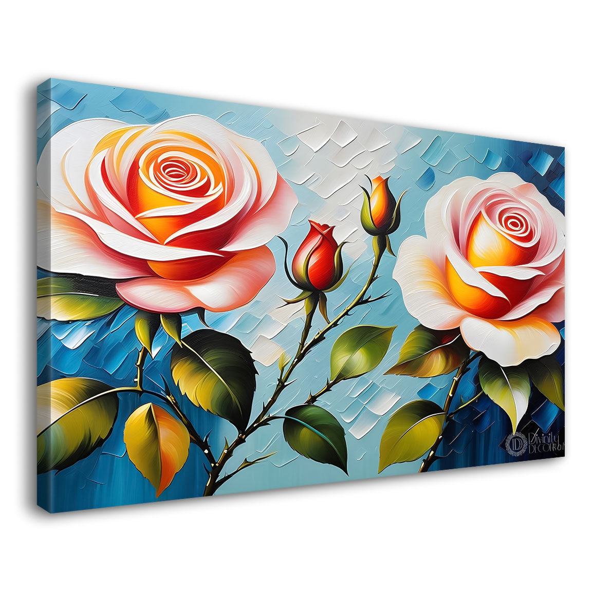 Pink flowers with blue textured background painting- Design - Flower-102