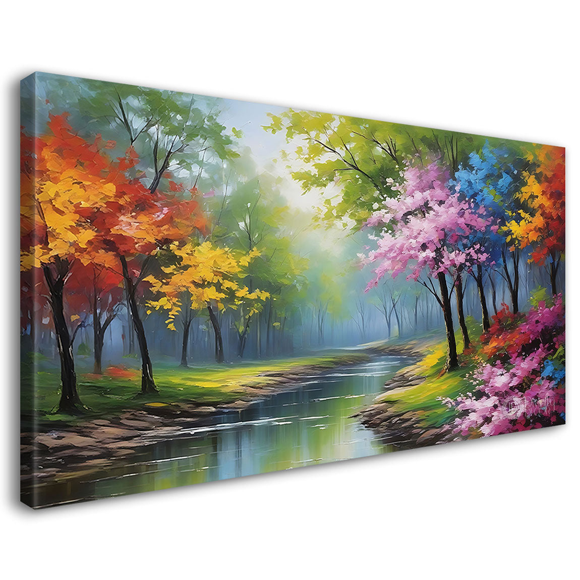 Colorful trees with lake in textured natural painting Canvas Painting - Nature Art -102
