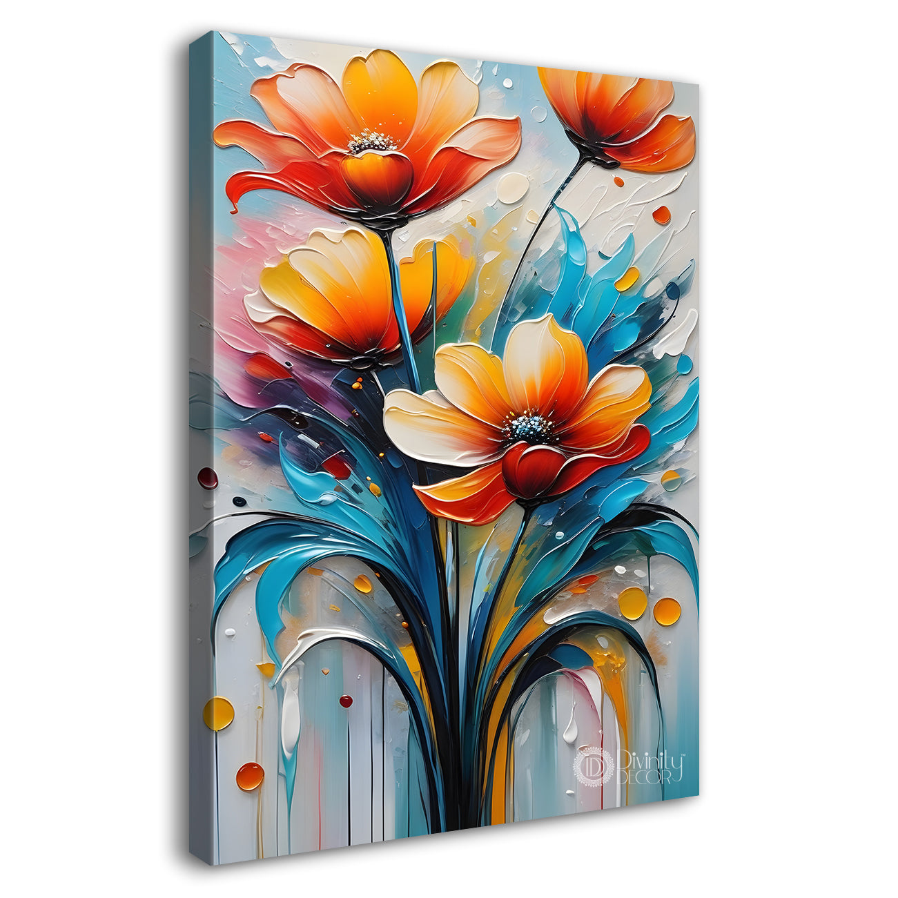 Orange flowers in colourful textured background painting- Flower-V-102