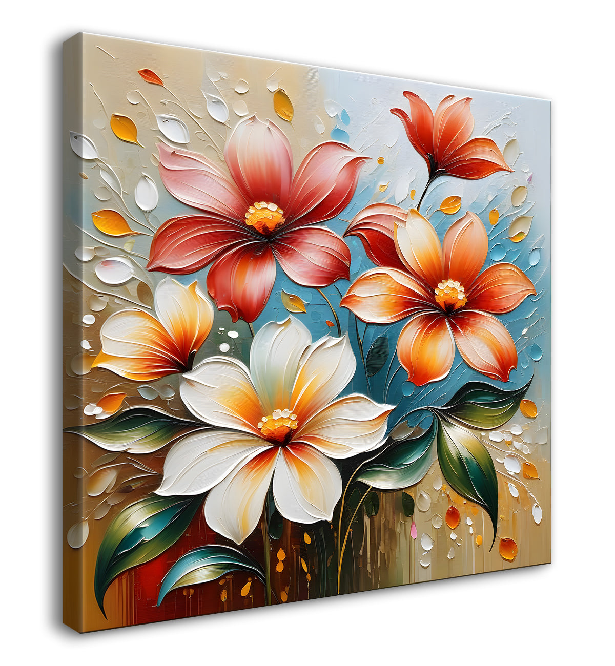 White and orange flowers in light brown textured painting - Flower-S-102