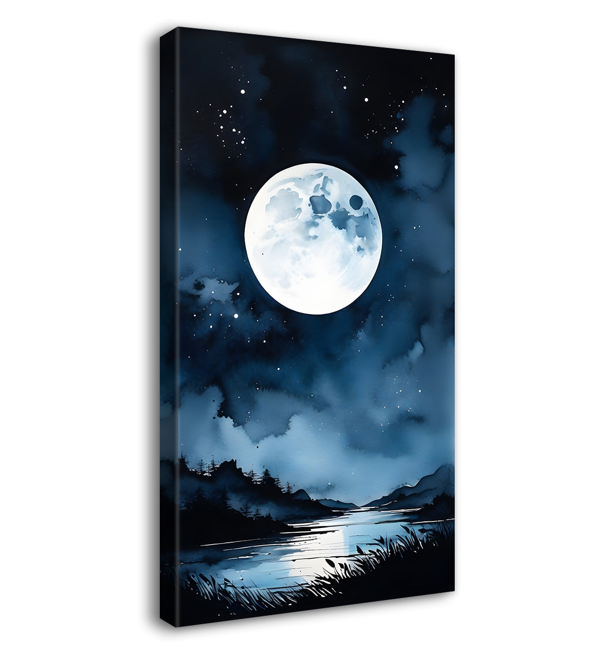 Lake with mountains and moon with dark textured painting Canvas Painting - Nature Art -V-102