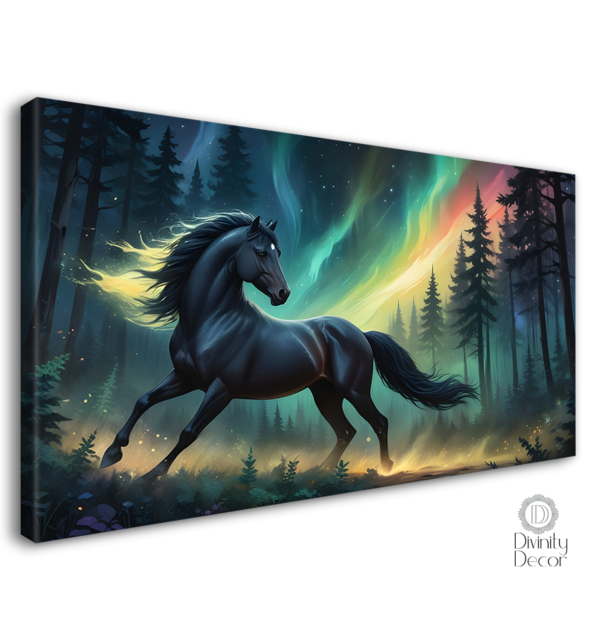 Black running horse with trees and colorful textured background art Canvas Painting - Design - Horse-103