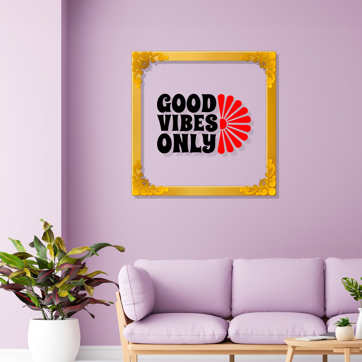 Good vibes only Golden Plaque for Gifting, Wall Decor Clear UV print with Golden Border-103