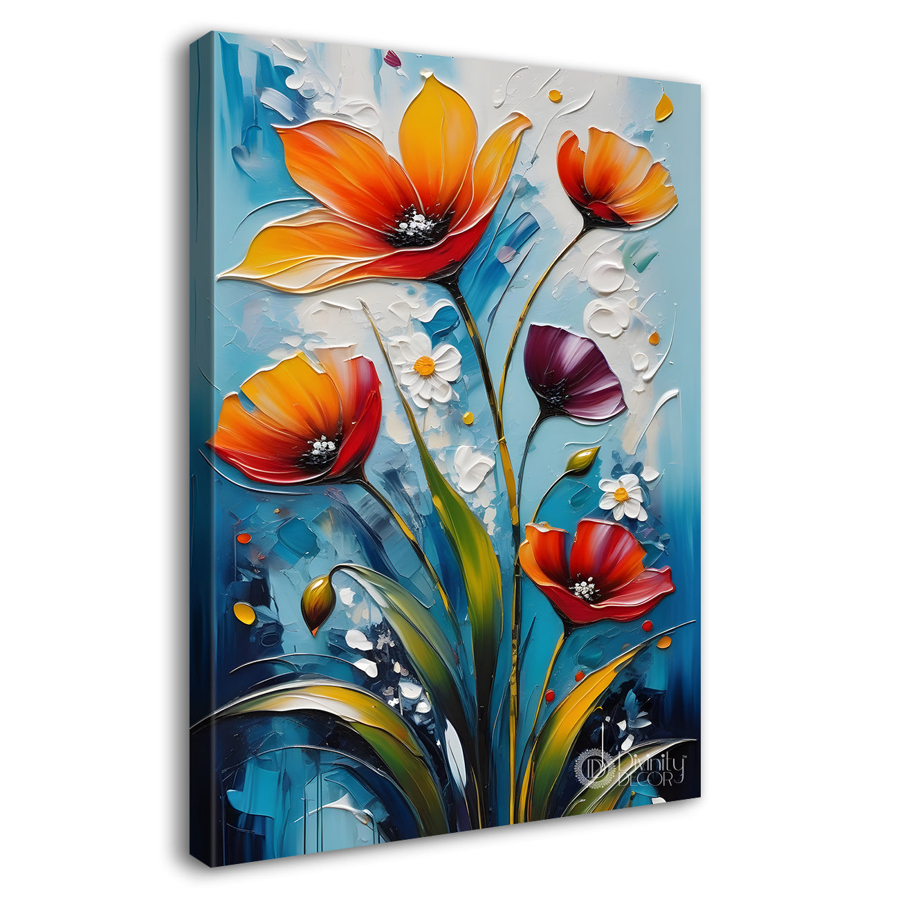 Orange flowers in sky blue textured background painting- Flower-V-103
