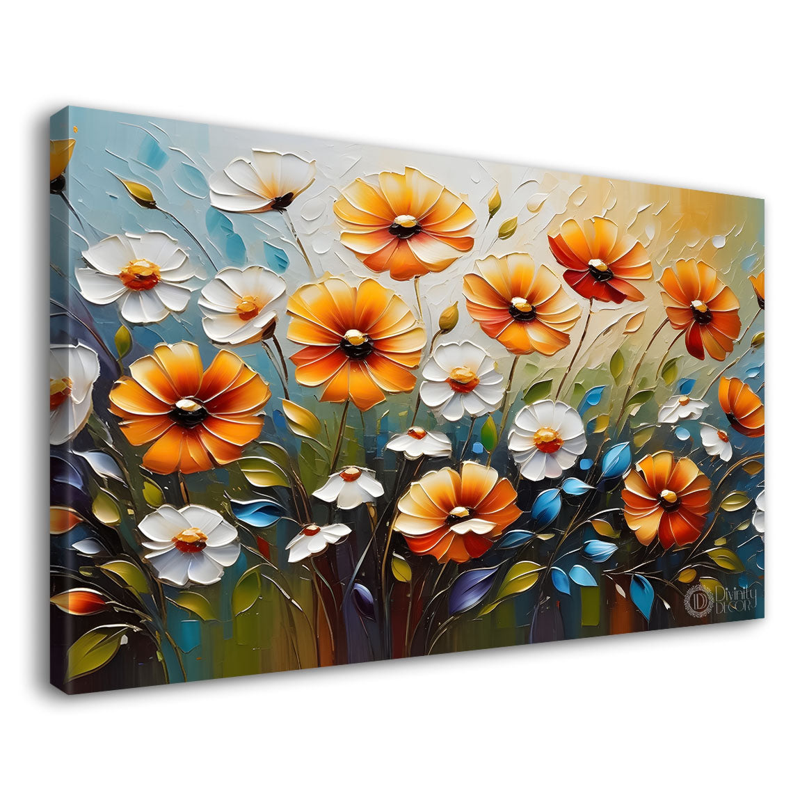 Colorful flowers with blue textured background painting- Design - Flower-103