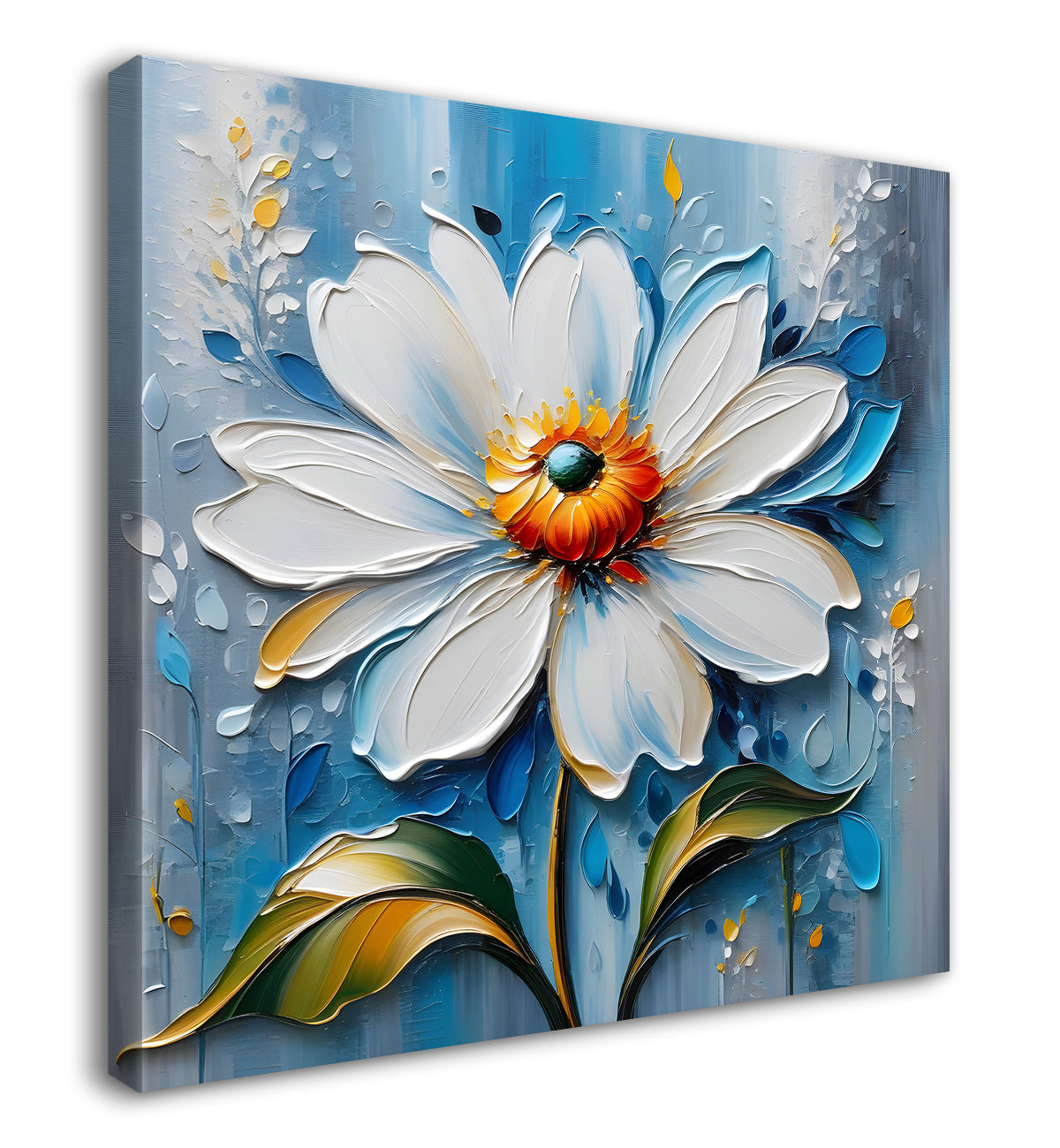 White flower in blue background textured painting - Flower-S-103