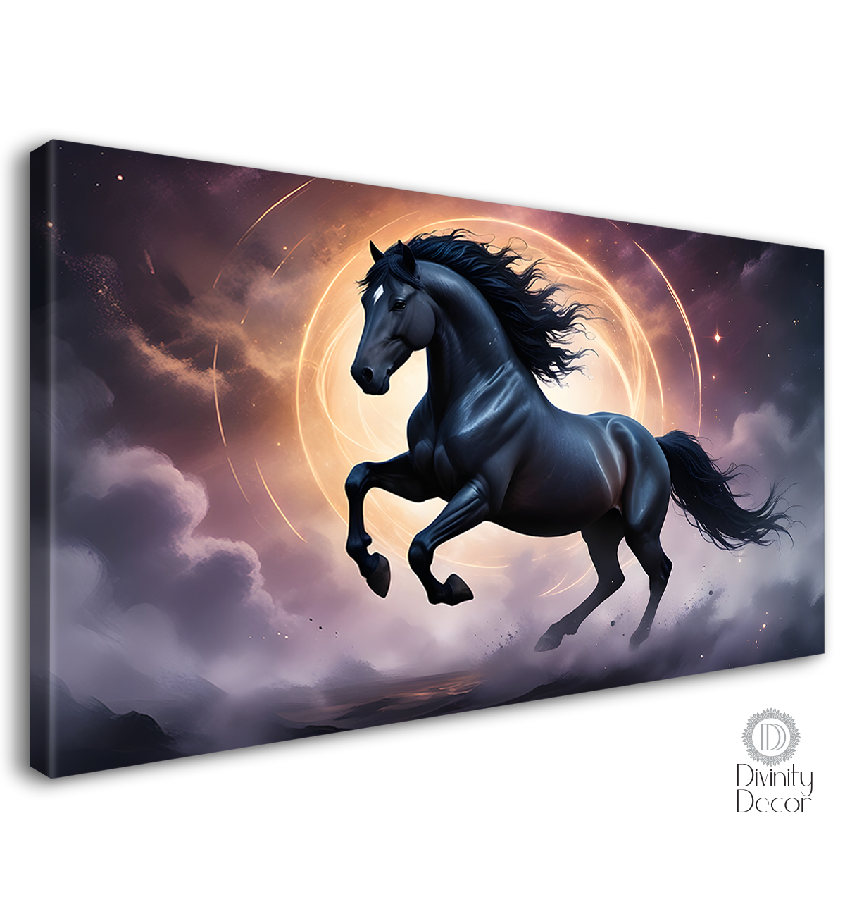 Black running horse with yellow chakra and grey textured background art Canvas Painting - Design - Horse-104