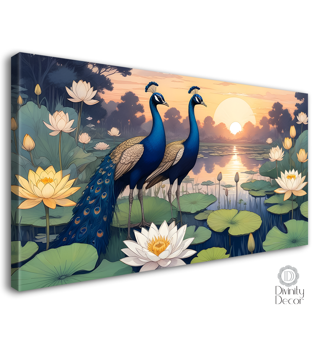 Two peacocks in the pond with sunrise background textured art - Design - Animal -104