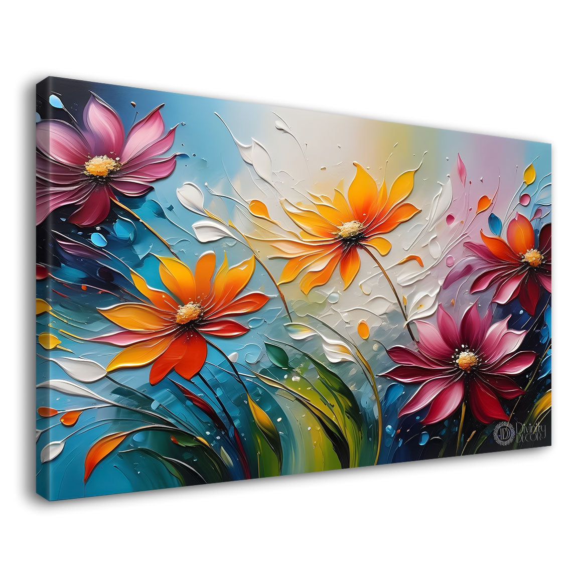 Colorful flowers with blue textured background painting- Design - Flower-104