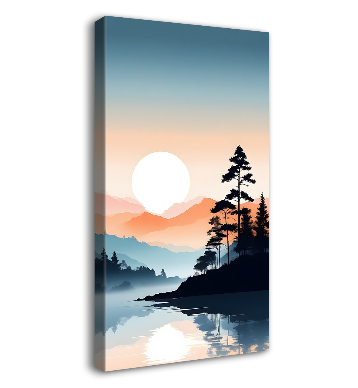 Mountains with sun and tree in textured water colour paintijng Canvas Painting - Nature Art -V-104