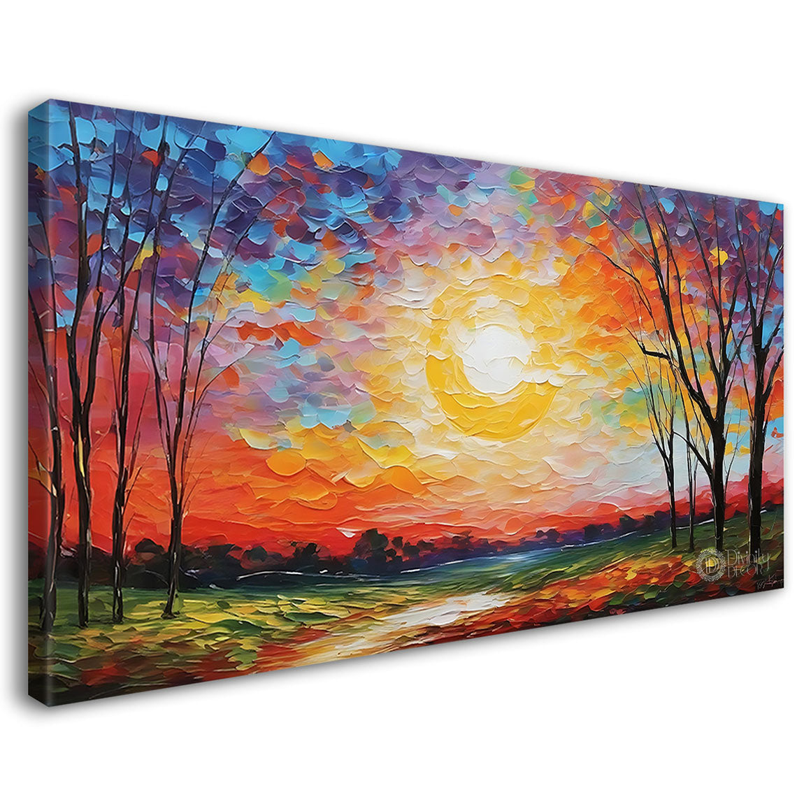 Trees with colorful sky and lake in textured painting Canvas Painting - Nature Art -104