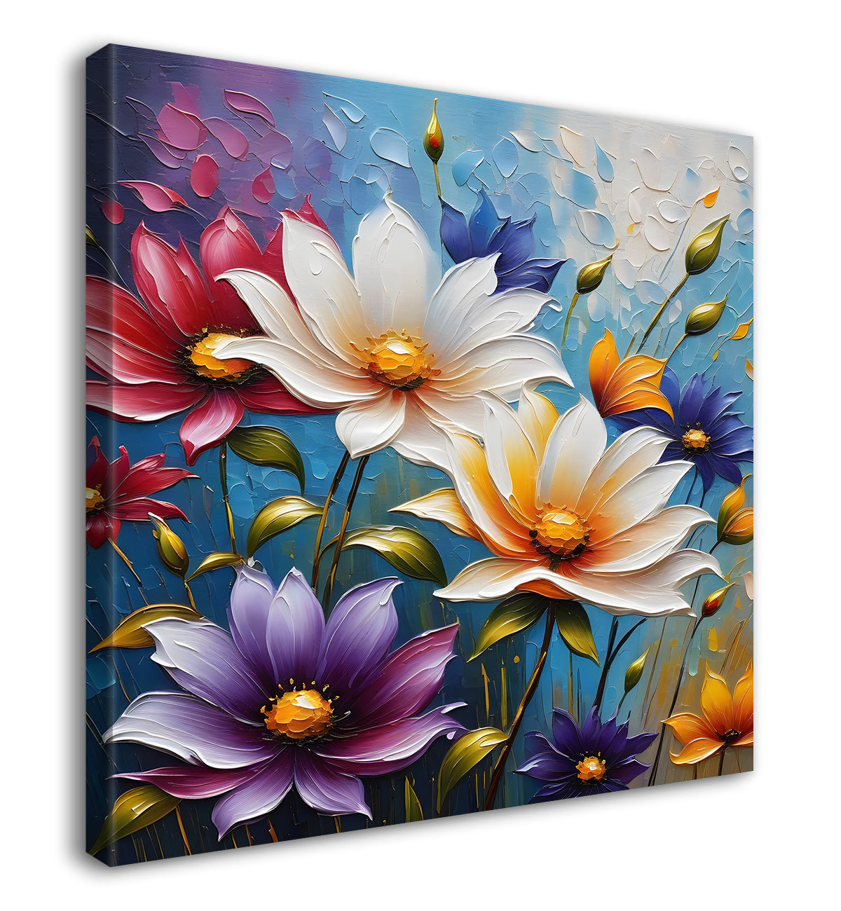 Colourful flowers in blue background textured painting - Flower-S-104