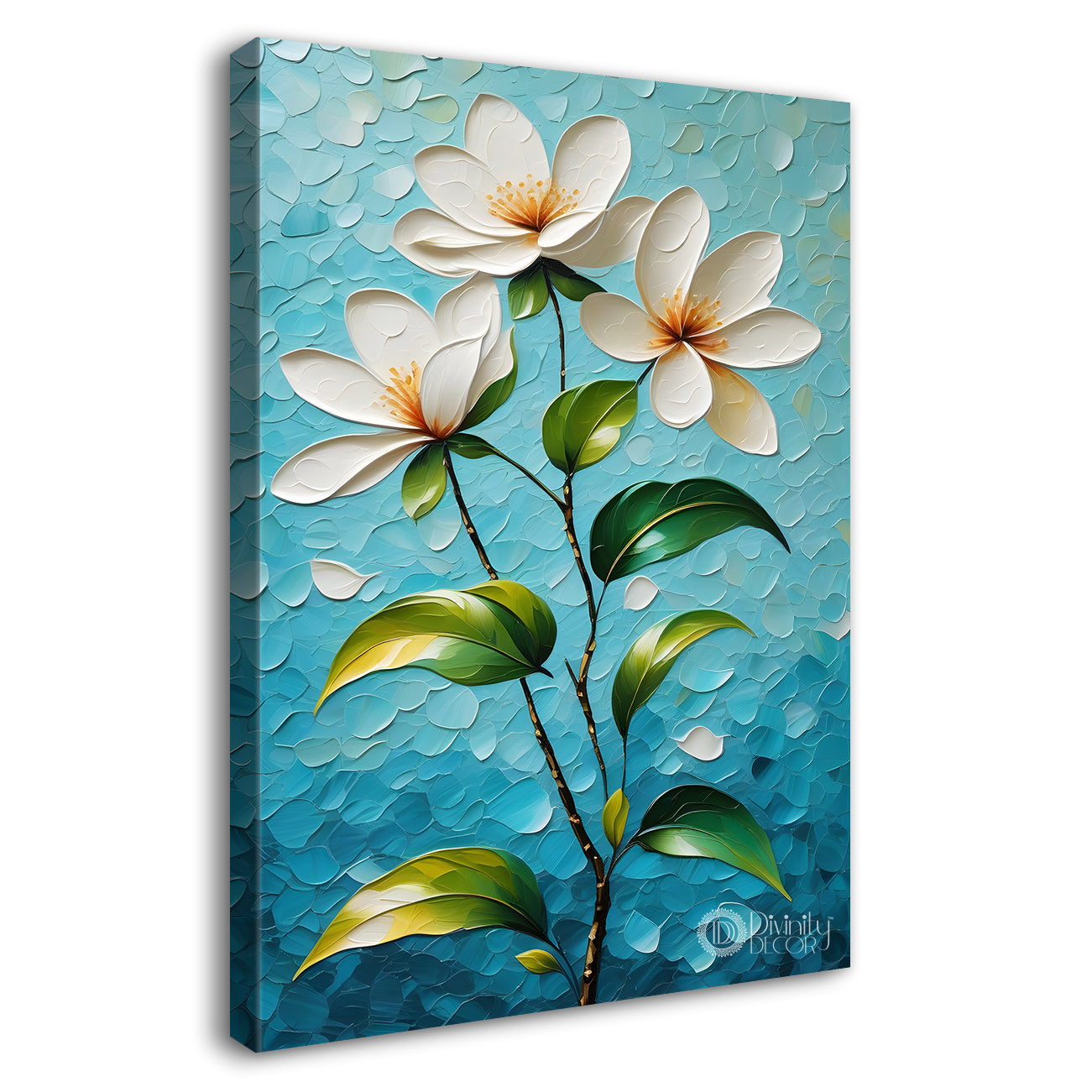 White flowers in sky blue textured background painting- Flower-V-104